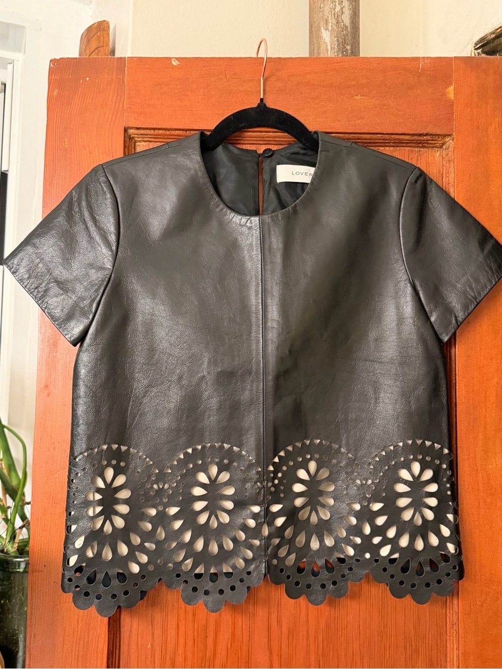 LOVER Sheep Skin Laser Cut Hem Leather Top in Black Size 2